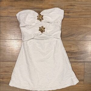SHEIN White Strapless Mini Dress with Gold Floral Accents